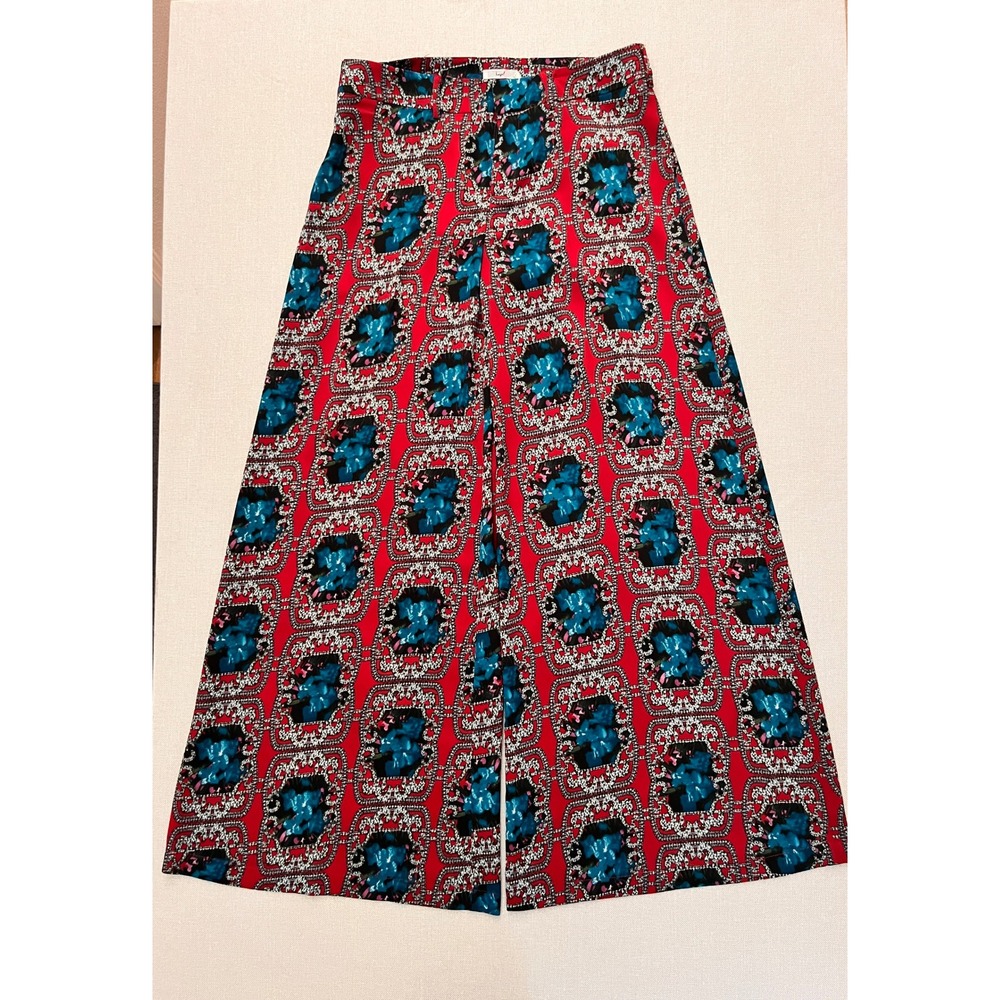 Womens L Wide Leg Palazzo Pants Red Blue Baroque Floral Scarf Print High Rise